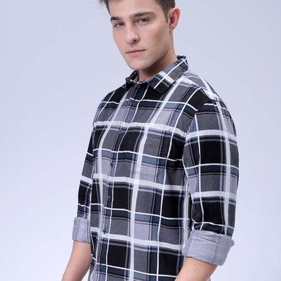 Men's Grey Regular Fit Checked Corduroy Casual Overshirt