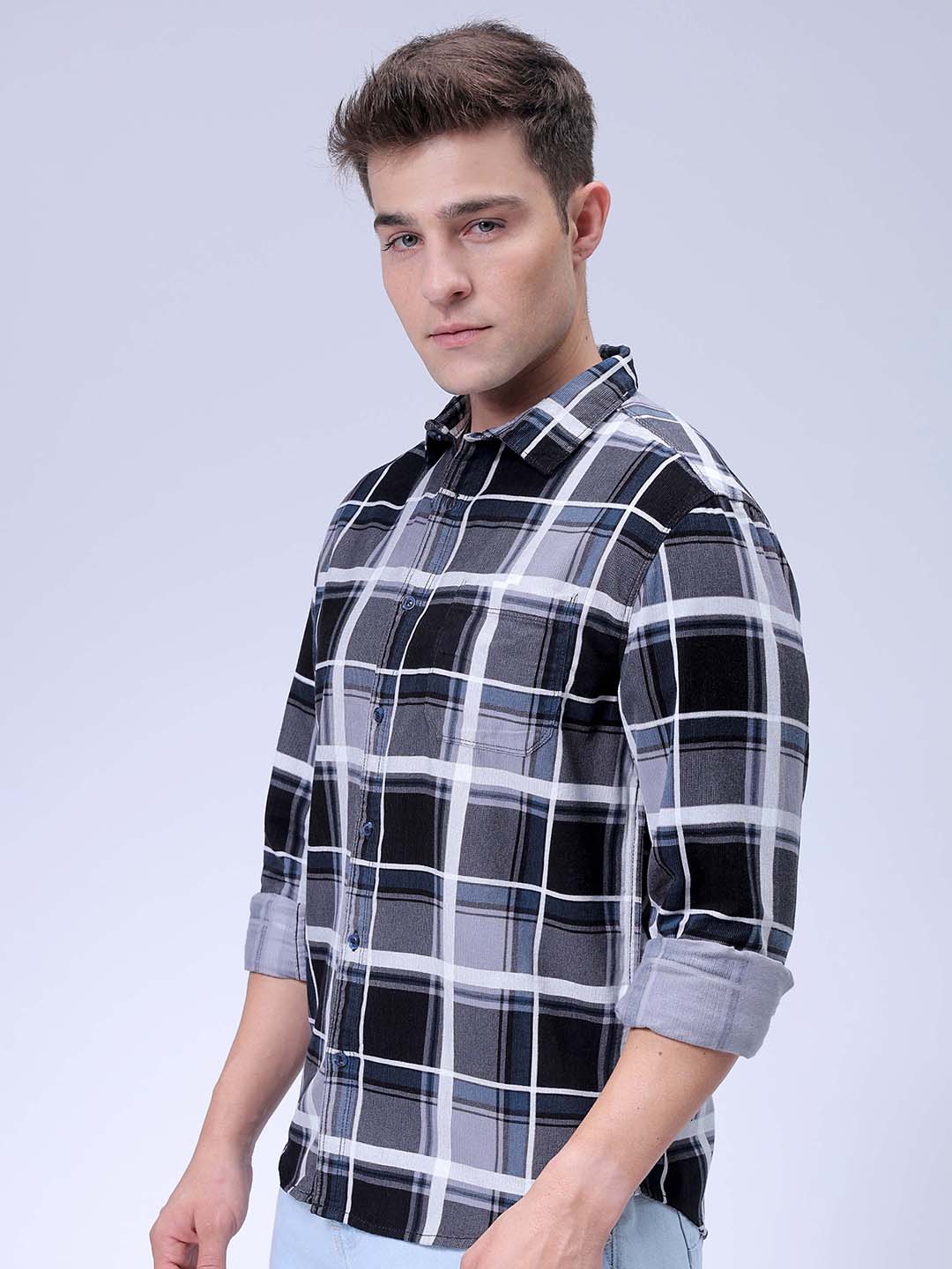 Men's Grey Regular Fit Checked Corduroy Casual Overshirt