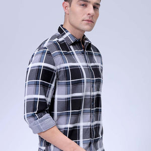 Men's Grey Regular Fit Checked Corduroy Casual Overshirt