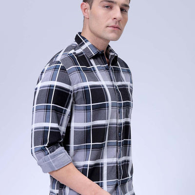 Men's Grey Regular Fit Checked Corduroy Casual Overshirt