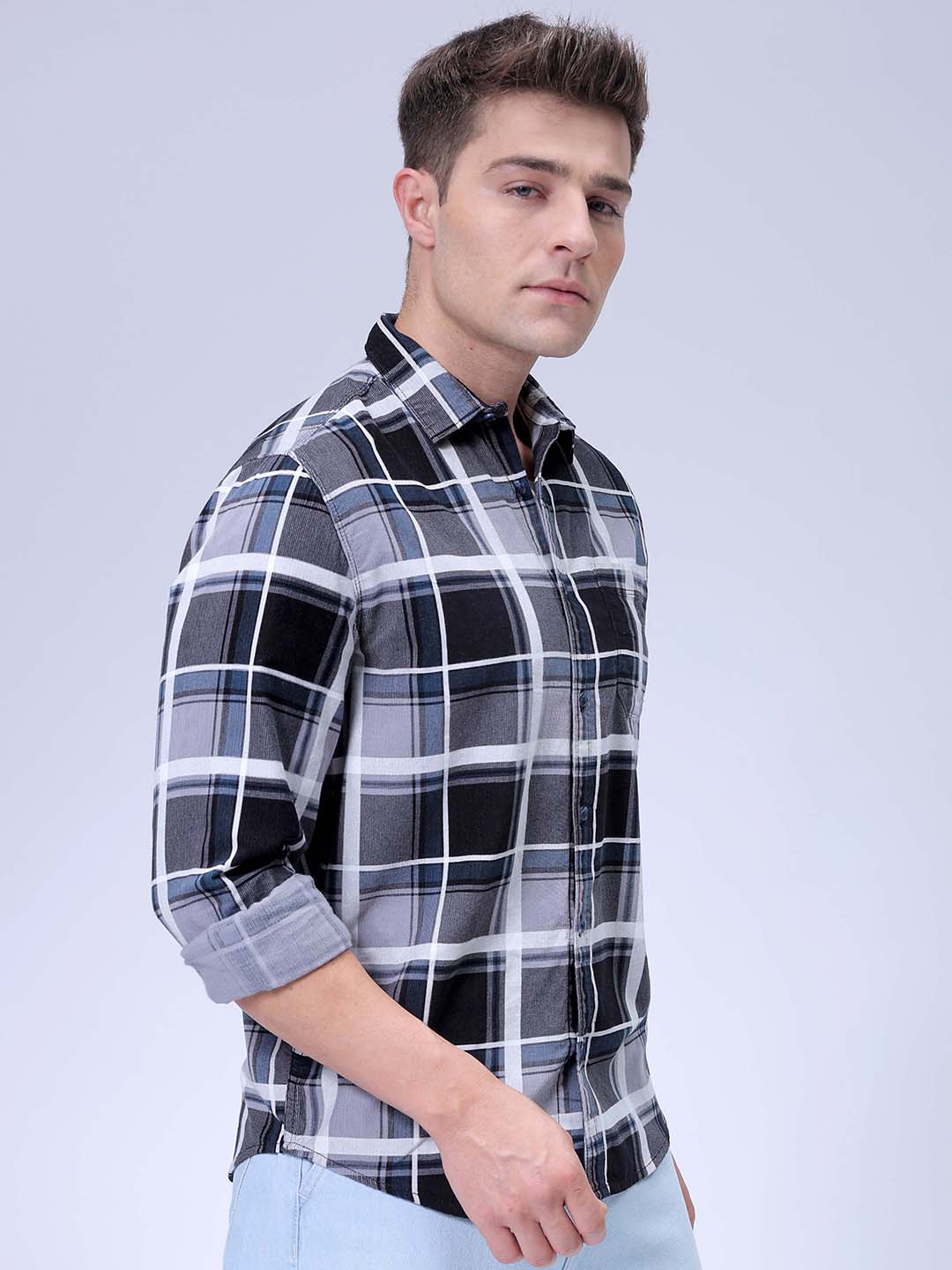 Men's Grey Regular Fit Checked Corduroy Casual Overshirt