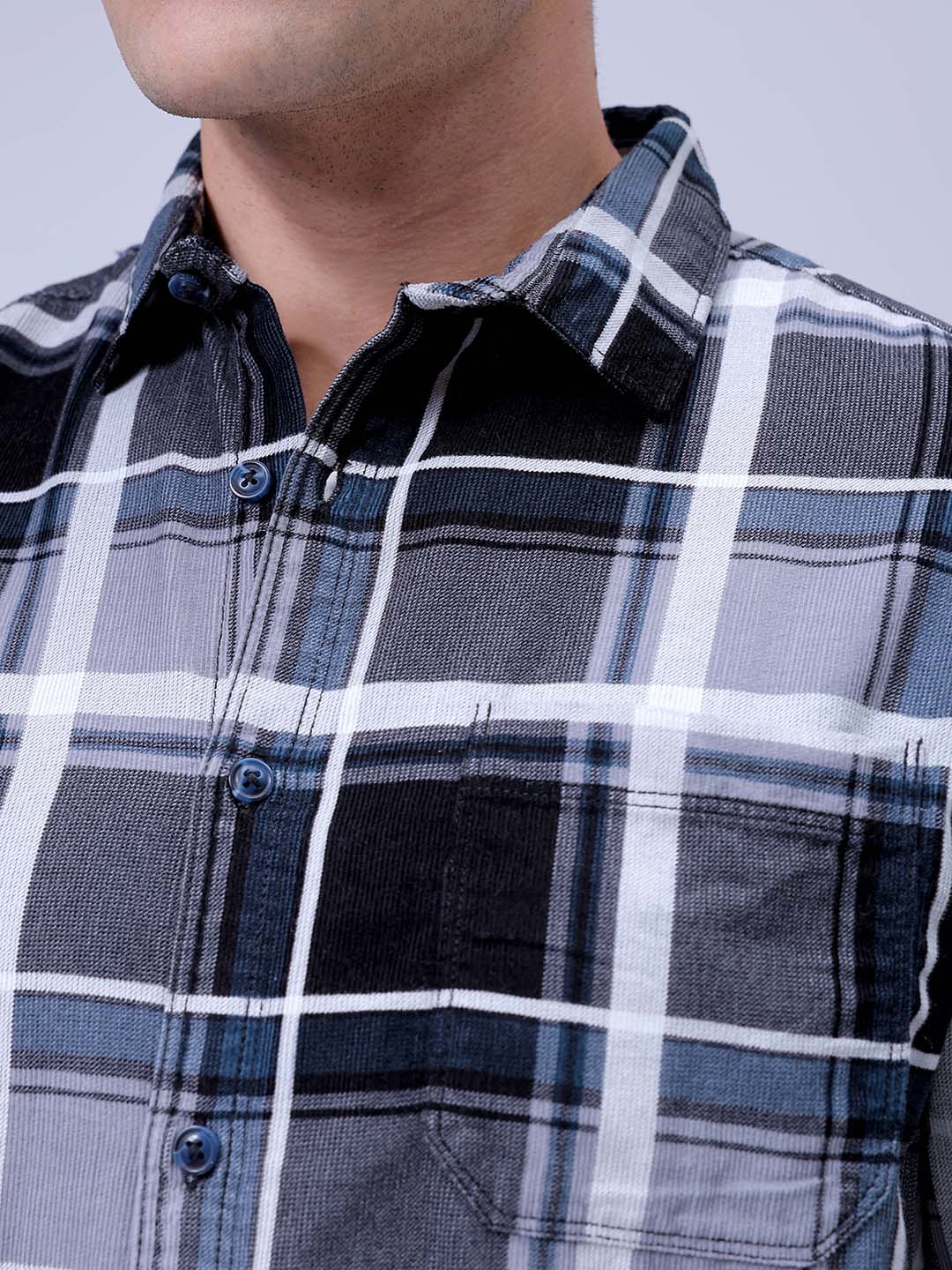 Men's Grey Regular Fit Checked Corduroy Casual Overshirt