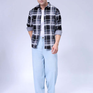 Men's Grey Regular Fit Checked Corduroy Casual Overshirt