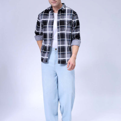 Men's Grey Regular Fit Checked Corduroy Casual Overshirt