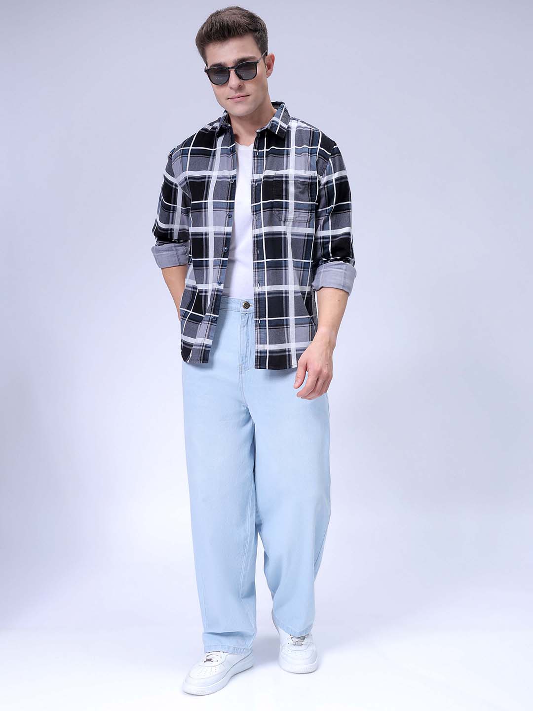 Men's Grey Regular Fit Checked Corduroy Casual Overshirt
