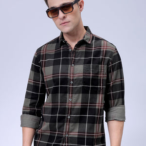 Men's Olive Regular Fit Checked Corduroy Casual Overshirt