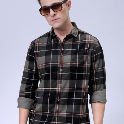 Men's Olive Regular Fit Checked Corduroy Casual Overshirt