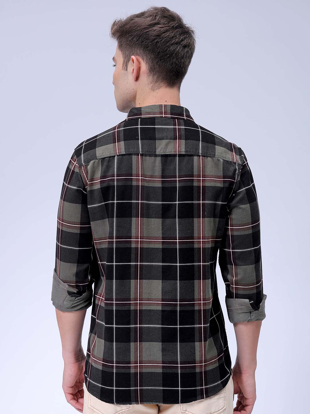 Men's Olive Regular Fit Checked Corduroy Casual Overshirt