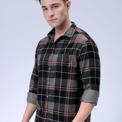 Men's Olive Regular Fit Checked Corduroy Casual Overshirt