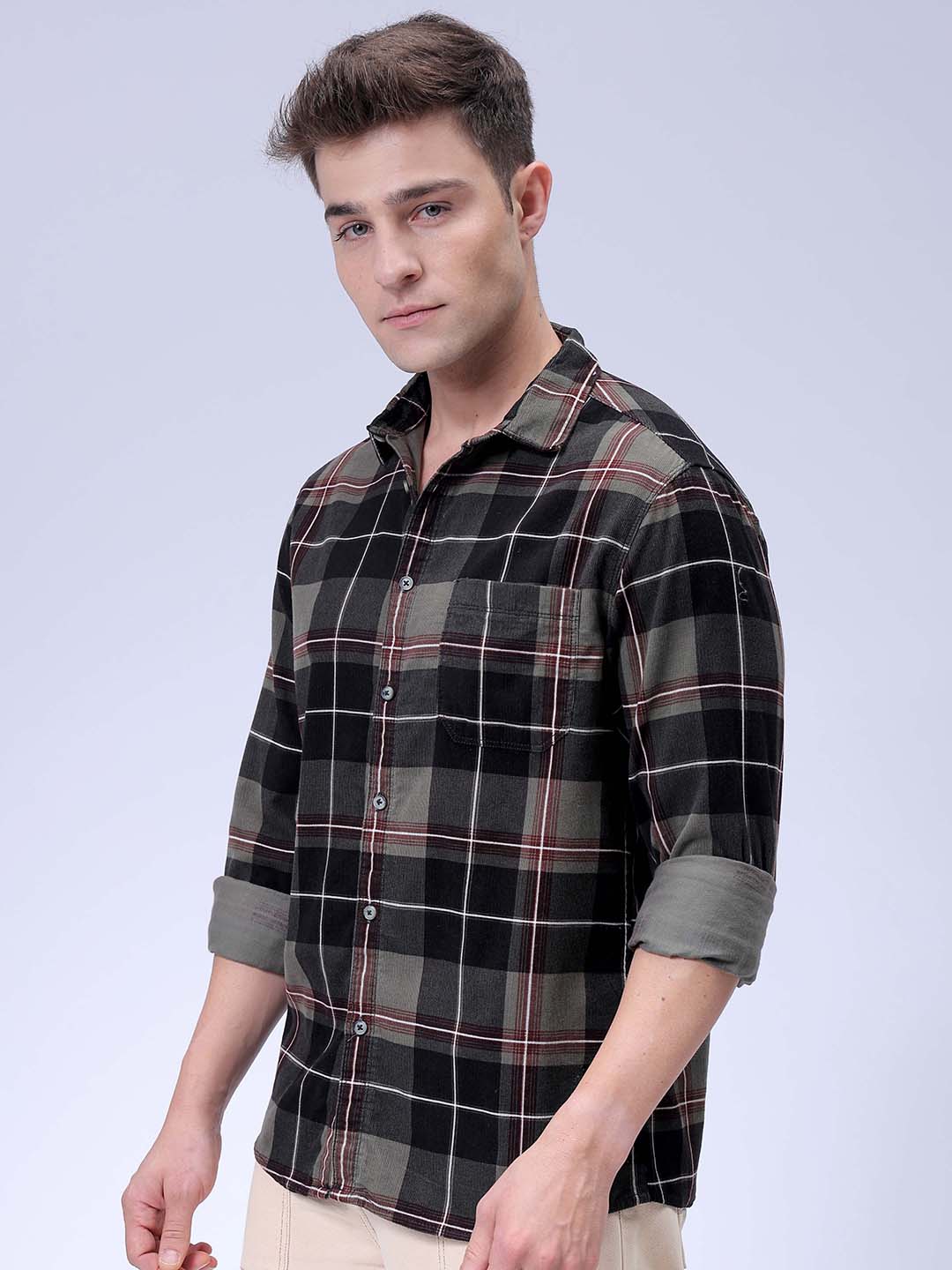 Men's Olive Regular Fit Checked Corduroy Casual Overshirt