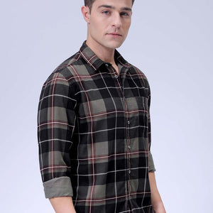 Men's Olive Regular Fit Checked Corduroy Casual Overshirt
