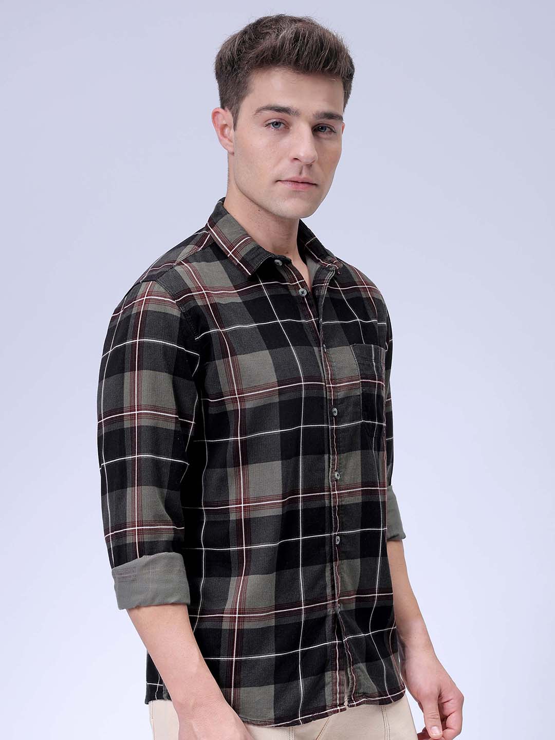 Men's Olive Regular Fit Checked Corduroy Casual Overshirt