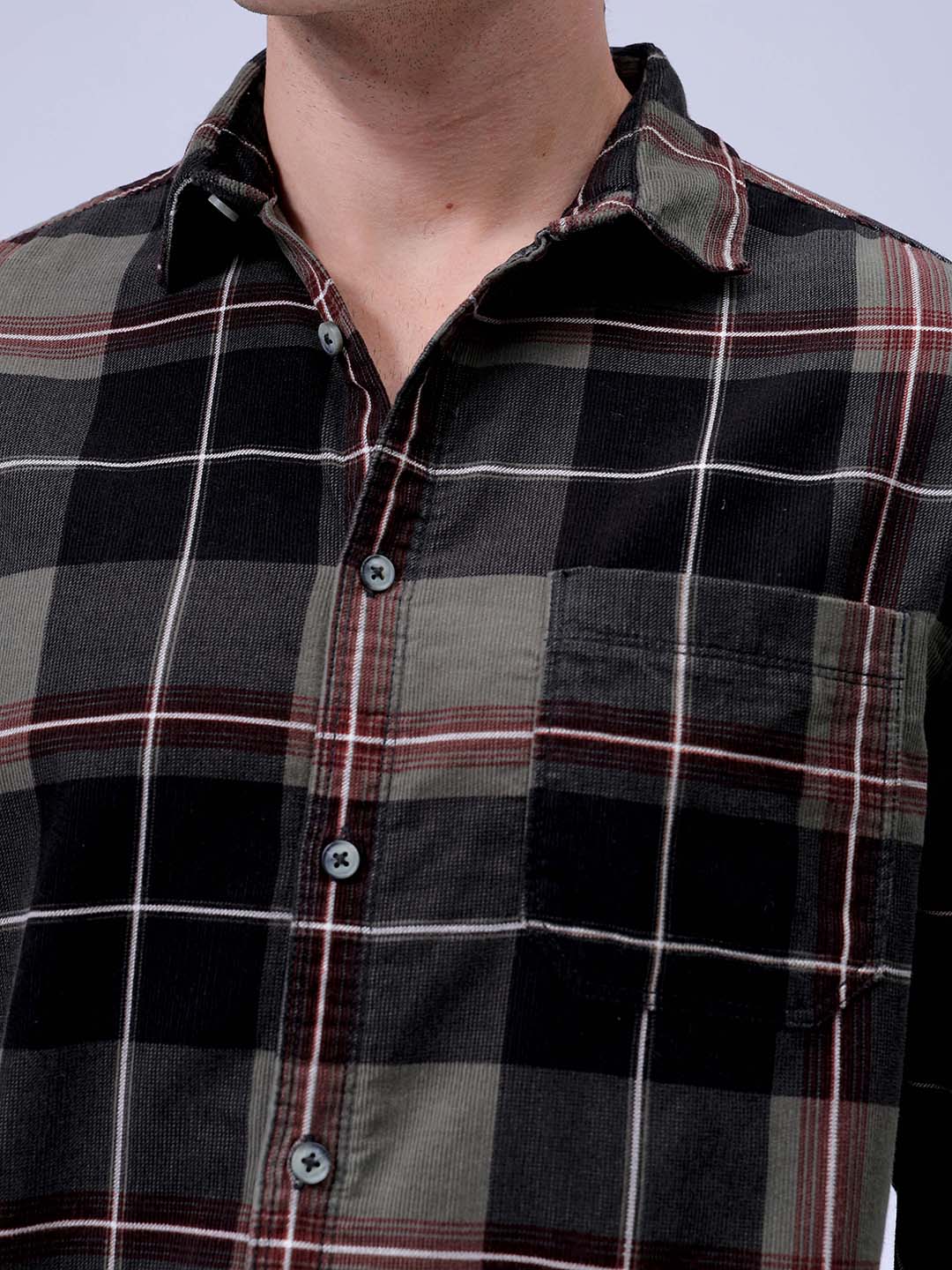 Men's Olive Regular Fit Checked Corduroy Casual Overshirt