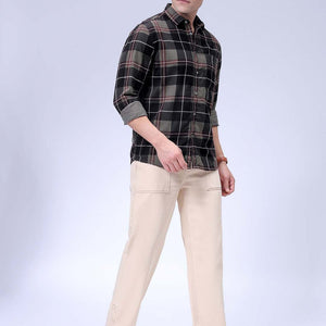 Men's Olive Regular Fit Checked Corduroy Casual Overshirt
