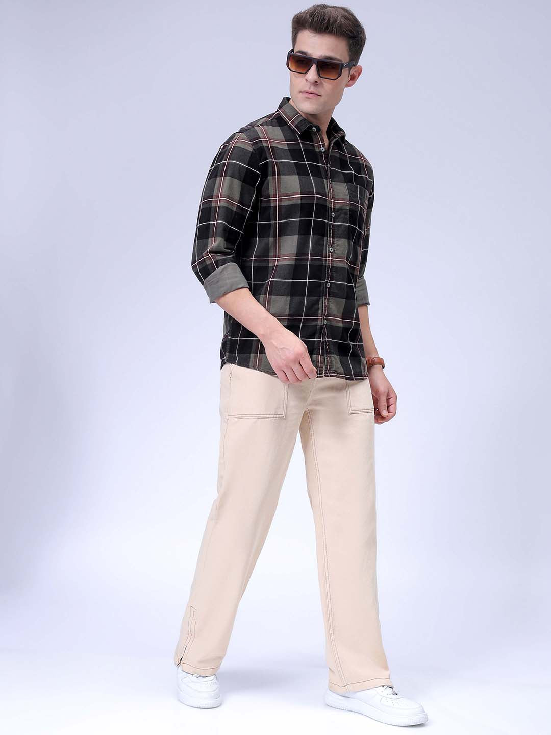 Men's Olive Regular Fit Checked Corduroy Casual Overshirt