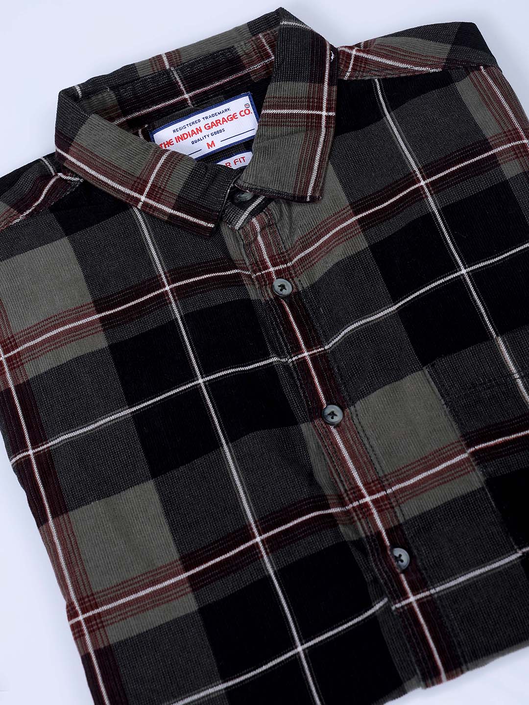 Men's Olive Regular Fit Checked Corduroy Casual Overshirt
