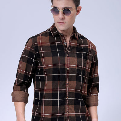 Men's Brown Regular Fit Checked Corduroy Casual Overshirt