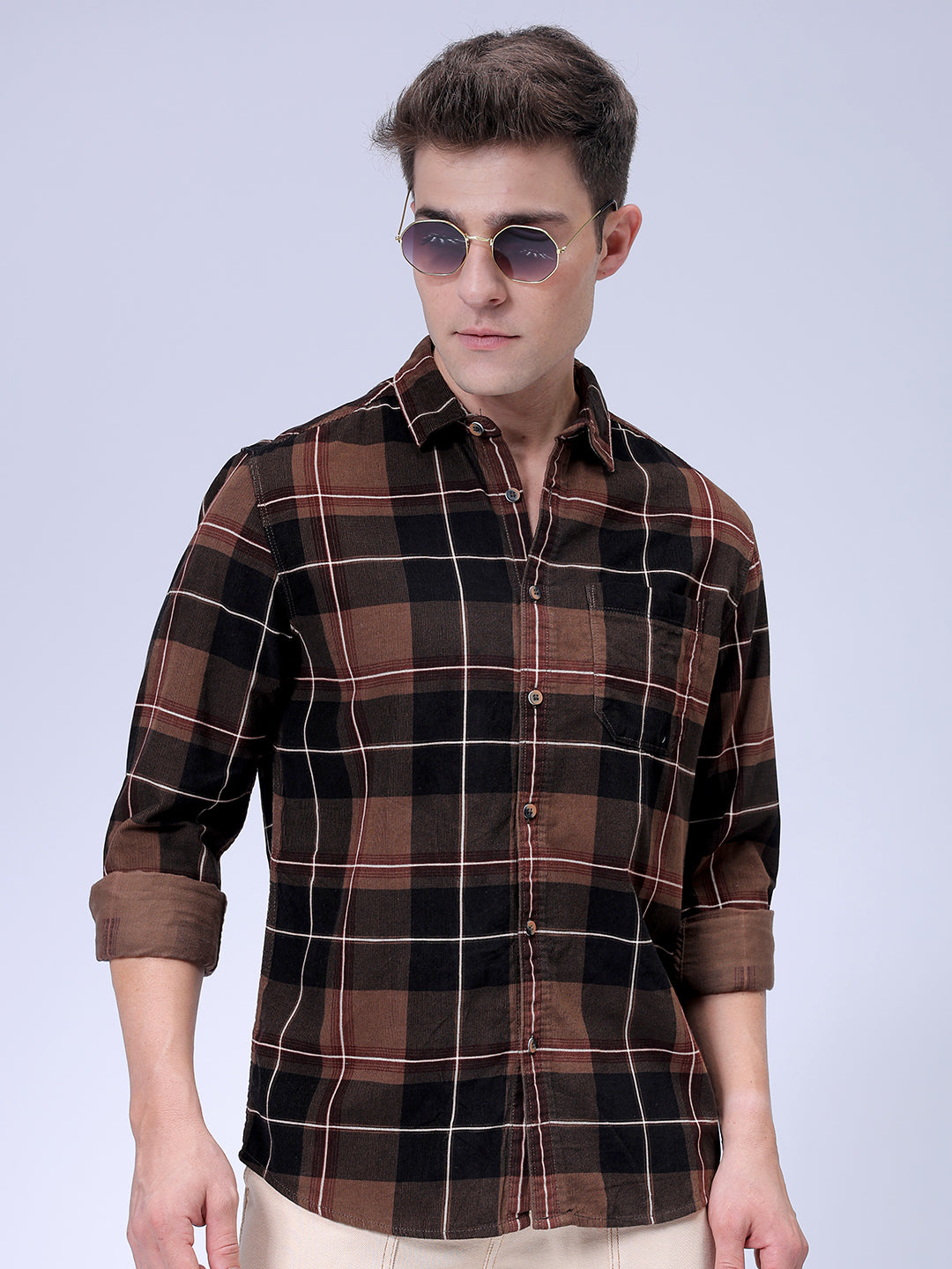 Men's Brown Regular Fit Checked Corduroy Casual Overshirt