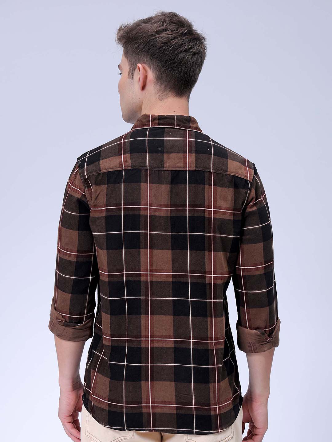 Men's Brown Regular Fit Checked Corduroy Casual Overshirt