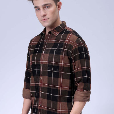 Men's Brown Regular Fit Checked Corduroy Casual Overshirt