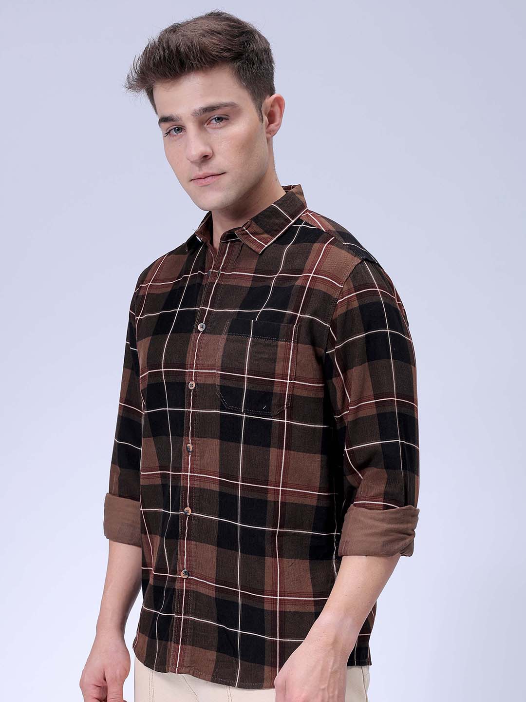 Men's Brown Regular Fit Checked Corduroy Casual Overshirt