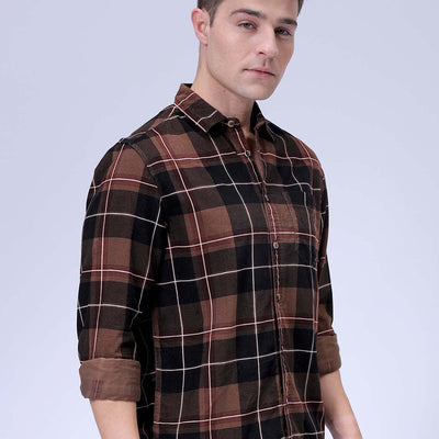 Men's Brown Regular Fit Checked Corduroy Casual Overshirt
