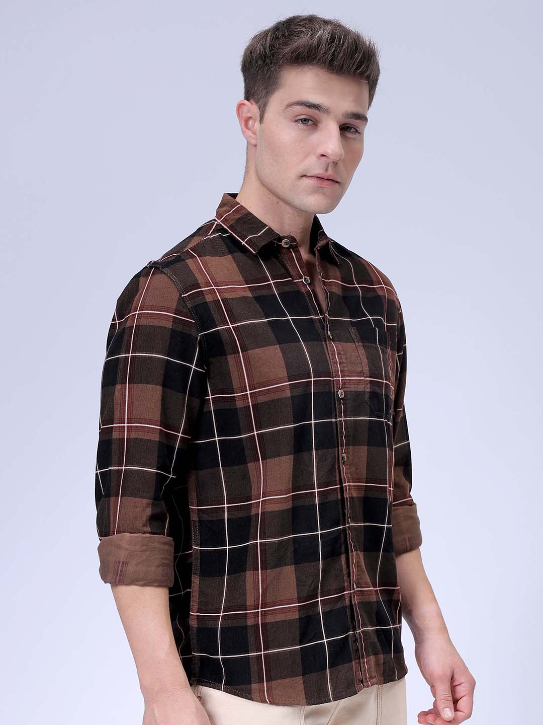 Men's Brown Regular Fit Checked Corduroy Casual Overshirt