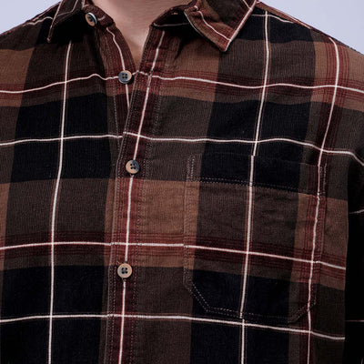 Men's Brown Regular Fit Checked Corduroy Casual Overshirt