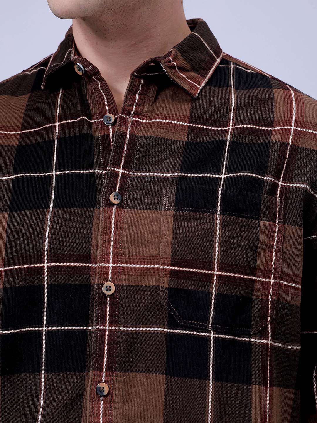 Men's Brown Regular Fit Checked Corduroy Casual Overshirt