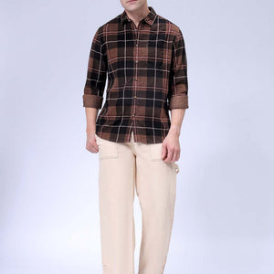 Men's Brown Regular Fit Checked Corduroy Casual Overshirt