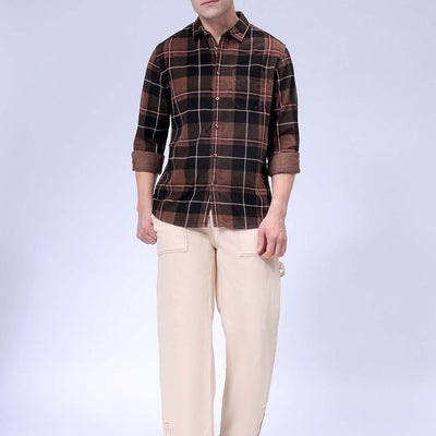 Men's Brown Regular Fit Checked Corduroy Casual Overshirt