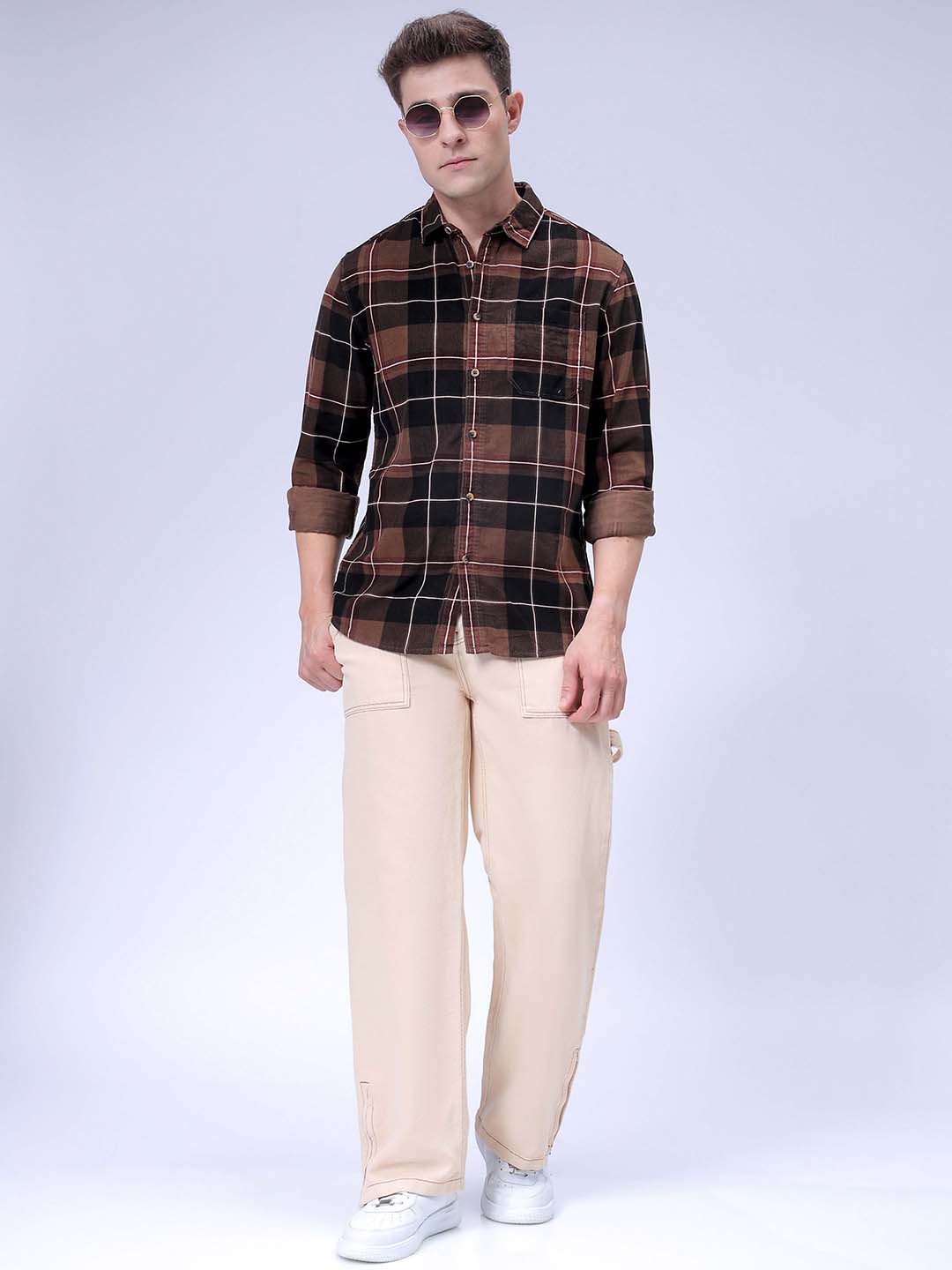 Men's Brown Regular Fit Checked Corduroy Casual Overshirt