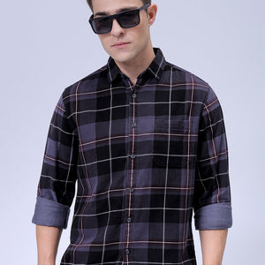 Men's Grey Regular Fit Checked Corduroy Casual Overshirt