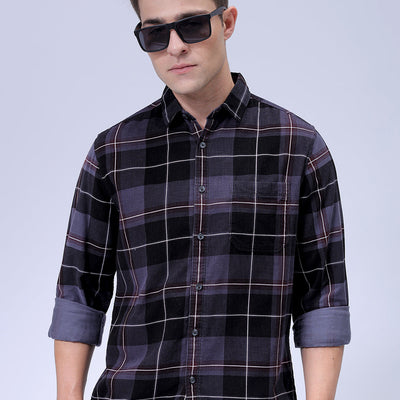 Men's Grey Regular Fit Checked Corduroy Casual Overshirt