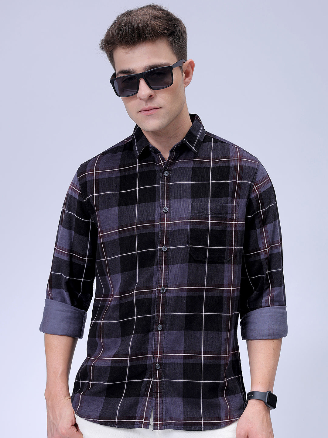 Men's Grey Regular Fit Checked Corduroy Casual Overshirt