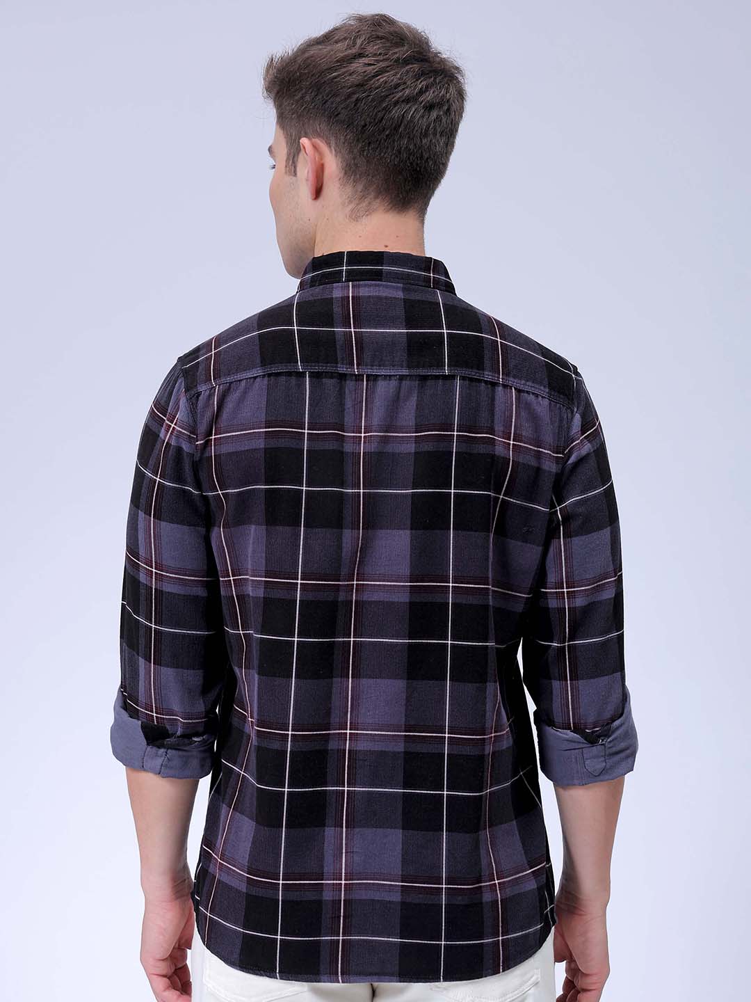 Men's Grey Regular Fit Checked Corduroy Casual Overshirt