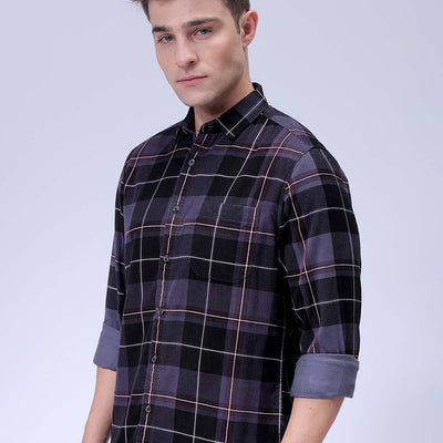 Men's Grey Regular Fit Checked Corduroy Casual Overshirt
