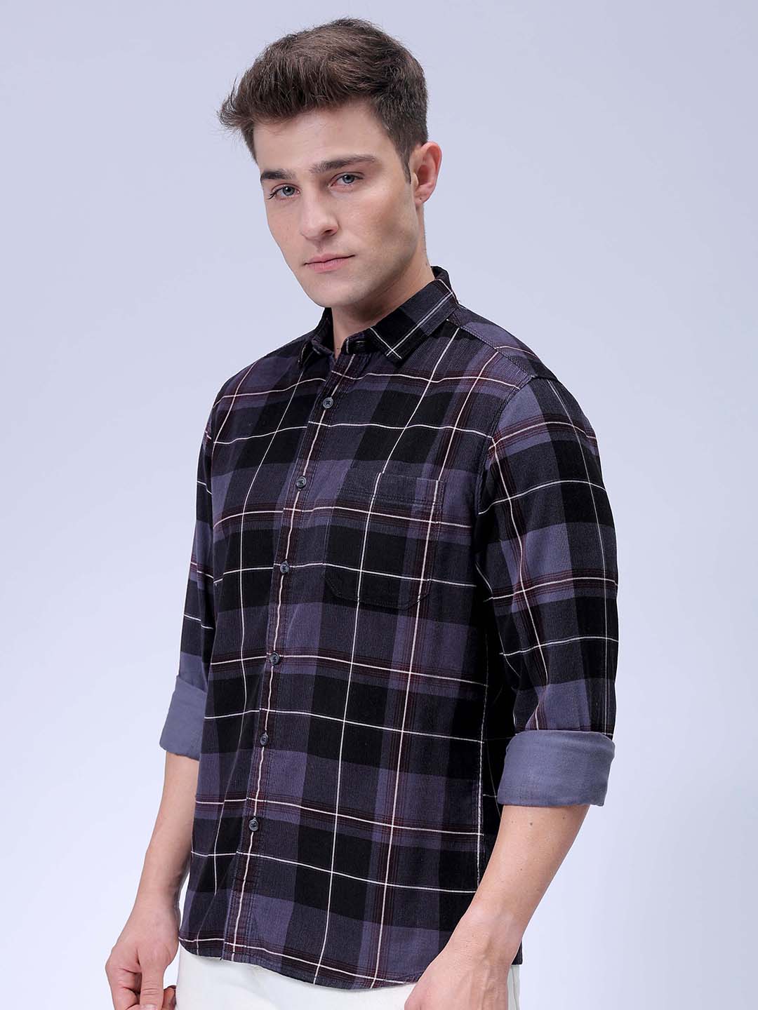 Men's Grey Regular Fit Checked Corduroy Casual Overshirt
