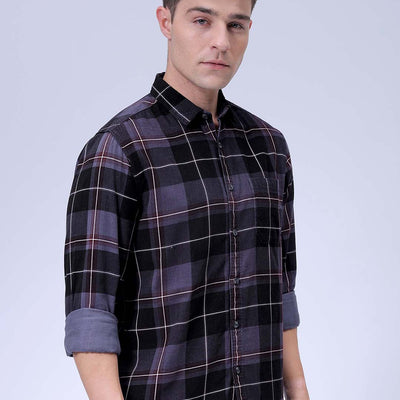 Men's Grey Regular Fit Checked Corduroy Casual Overshirt