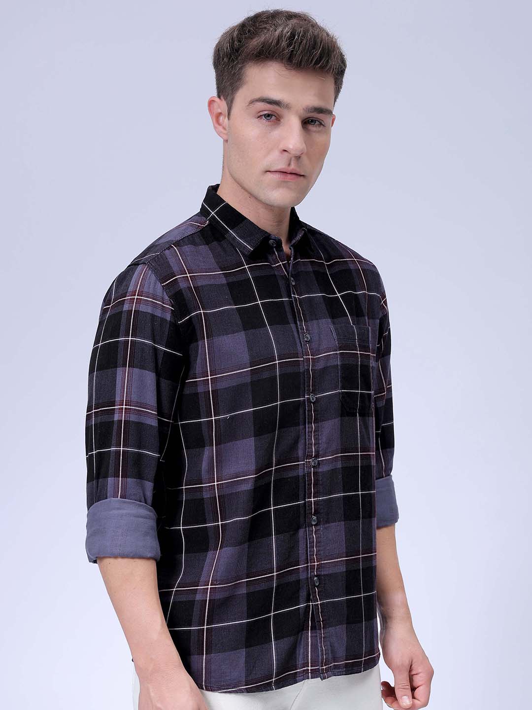 Men's Grey Regular Fit Checked Corduroy Casual Overshirt