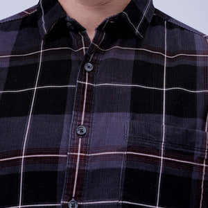 Men's Grey Regular Fit Checked Corduroy Casual Overshirt