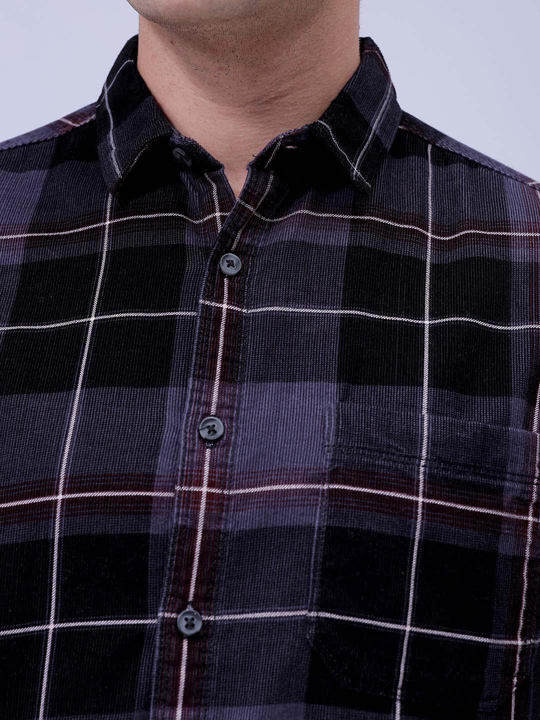 Men's Grey Regular Fit Checked Corduroy Casual Overshirt