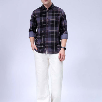Men's Grey Regular Fit Checked Corduroy Casual Overshirt