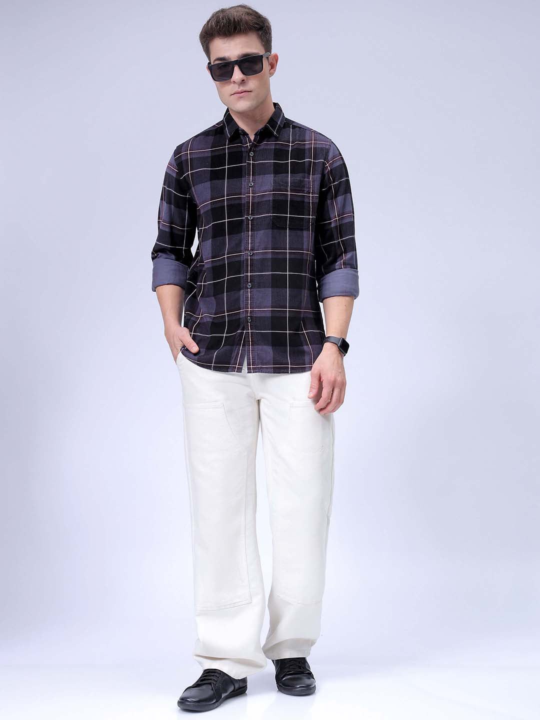 Men's Grey Regular Fit Checked Corduroy Casual Overshirt