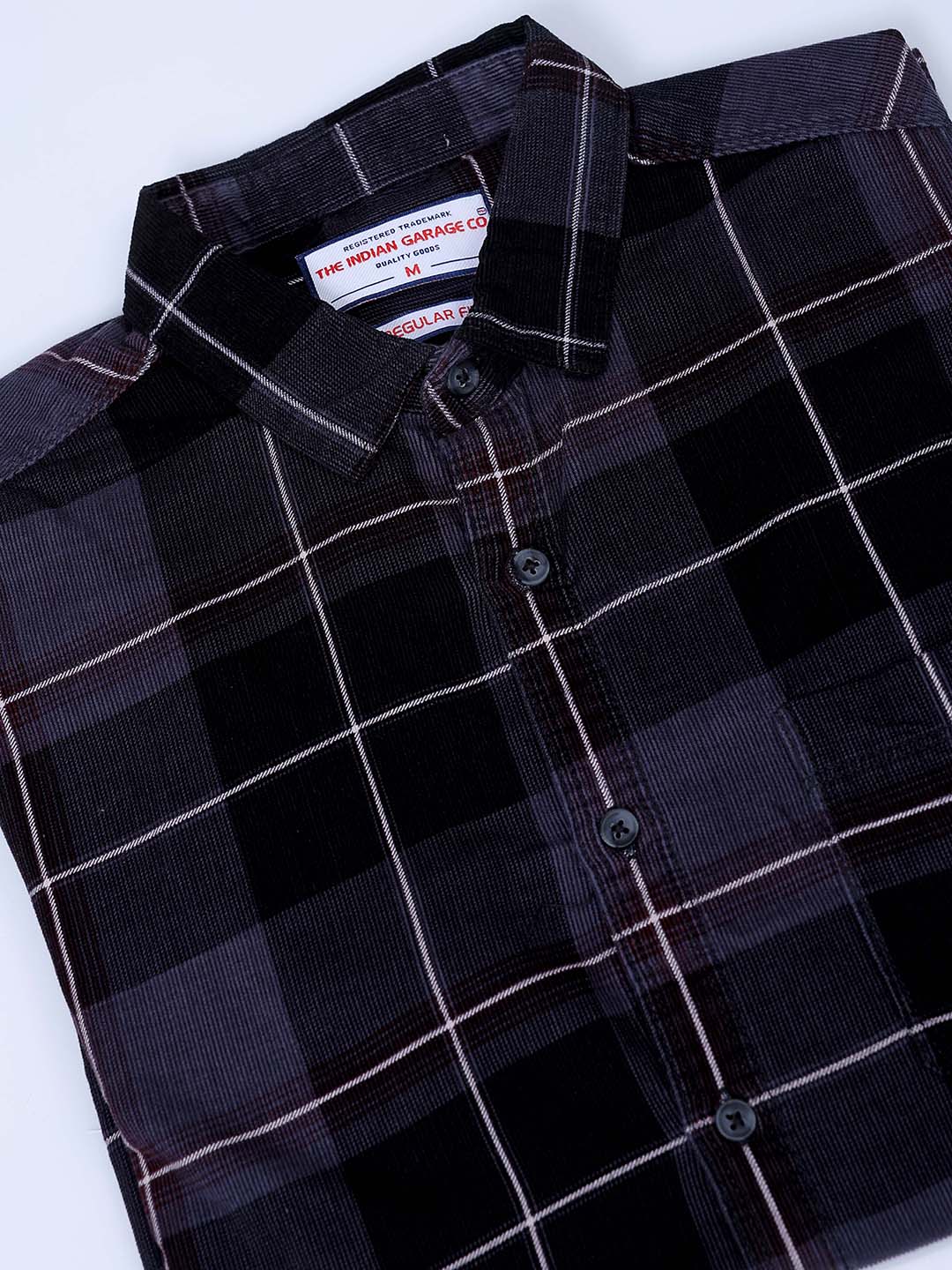 Men's Grey Regular Fit Checked Corduroy Casual Overshirt