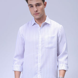 Men's White Slim Fit Striped Linen Casual Shirt