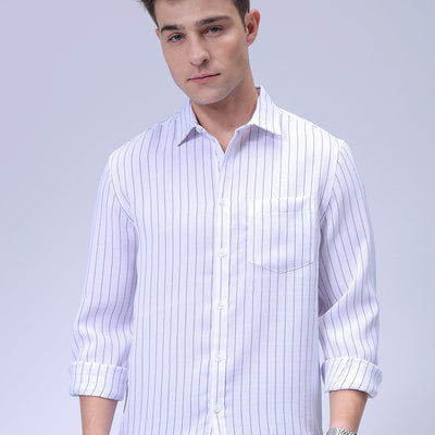 Men's White Slim Fit Striped Linen Casual Shirt