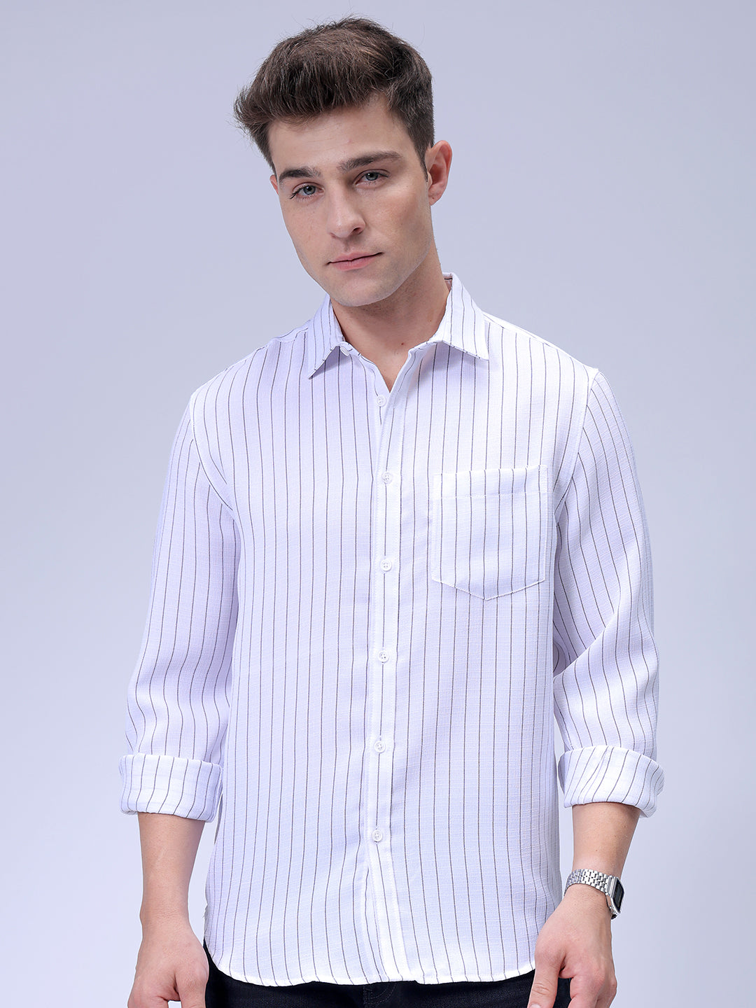 Men's White Slim Fit Striped Linen Casual Shirt