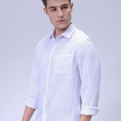 Men's White Slim Fit Striped Linen Casual Shirt