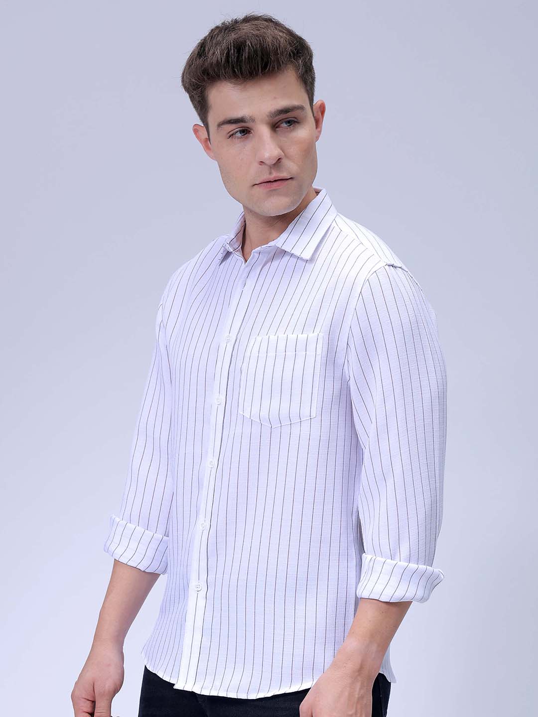 Men's White Slim Fit Striped Linen Casual Shirt